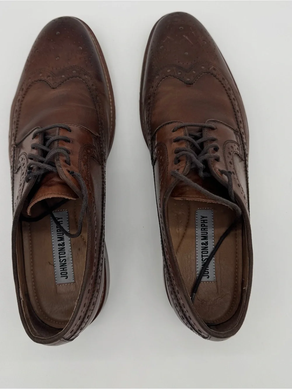 Johnston & Murphy Shoes Mens 10.5 Brown Leather Wingtip Oxford Dress Almond Toe